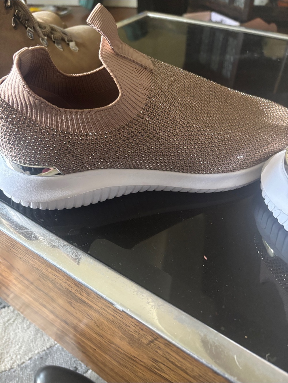Anne Klein Rose Gold Slip-On Crystal Knit Sneakers